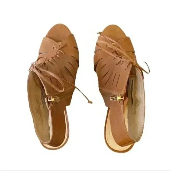 Vince Camuto Estie Leather Ankle Booties Peep Toe Heeled Lace Up Tan Brown 10 - Picture 7 of 14